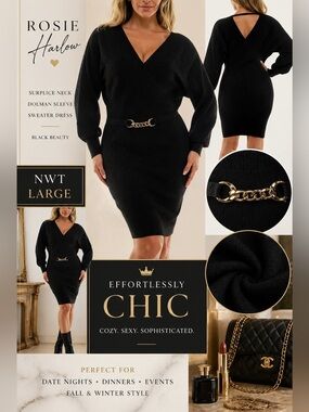 Rosie Harlow Black Sweater Dress Surplice Neck Dolman Sleeve NWT L Chic Bodycon